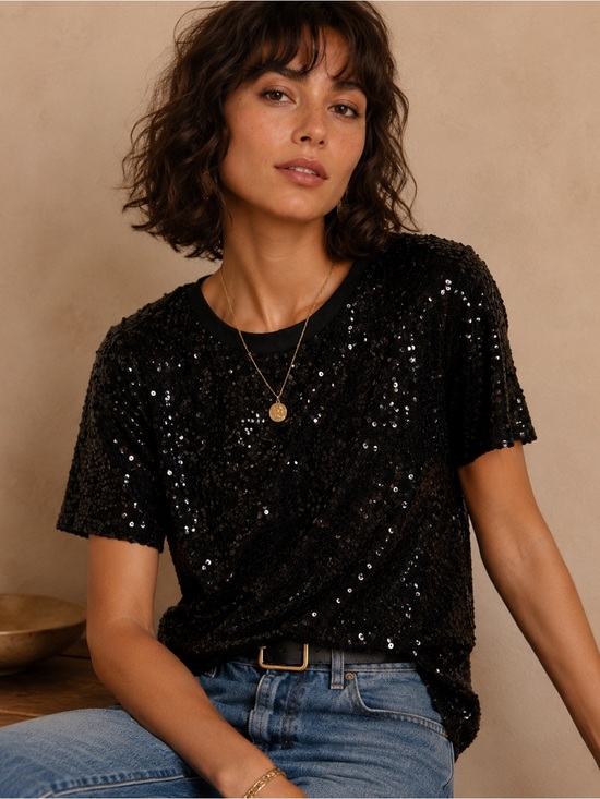 unbranded boutique Tops - Black Sequin Short-Sleeve Crewneck Tee - Sparkle Everyday